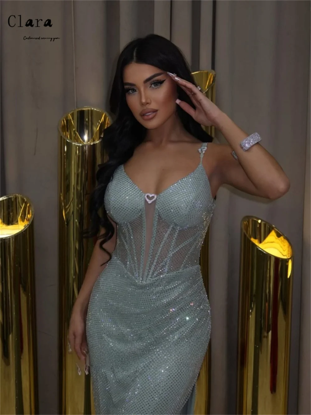 Clara personalizado cintas de espaguete fishtail querida brilhante luxuoso vestidos de noite femininos mulher elegante vestidos de festa 2025 vestido