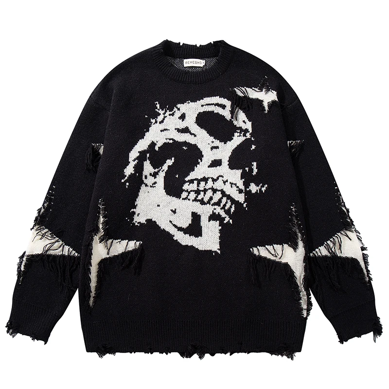 

Autumn Mens Oversized Skull Sweater Punk Streetwear Distressed Knit Pullover Gothic Grunge Ripped Jumper Casual Harajuku Tops