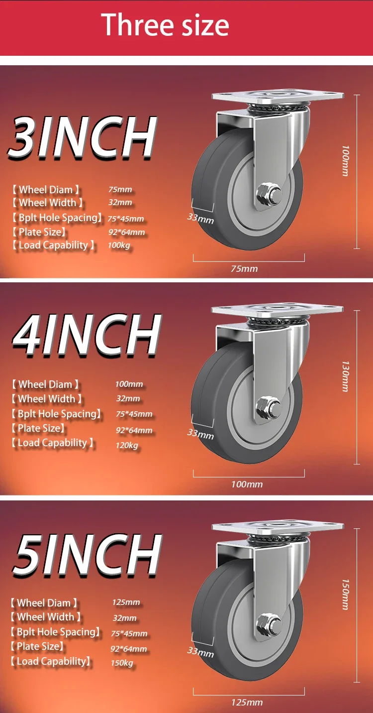 4pcs 4inch SS304 btacket medium-sized TPR rubber wheel,  , industrial equipment trolley , caster ,
