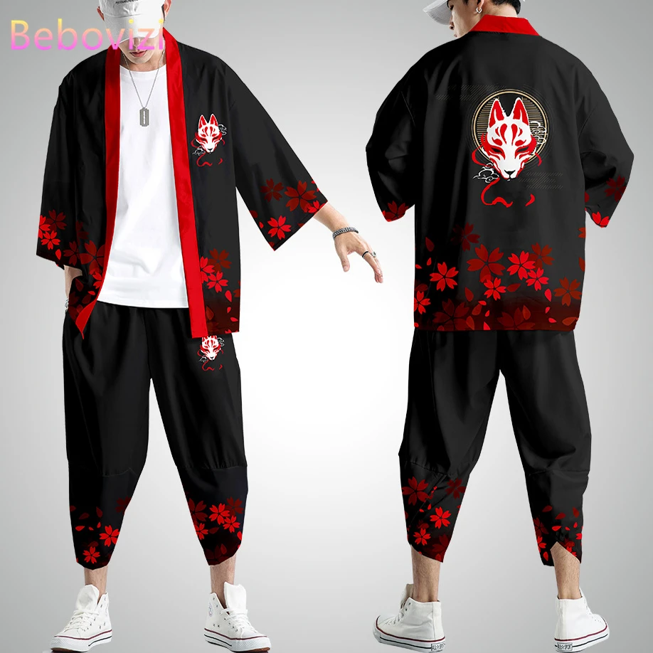 Plus Size XS-6XL Black Fox Printing Japanese Style Fashion Kimono and Pant Set Men Women Cardigan Blouse Haori Obi Asian Clothes