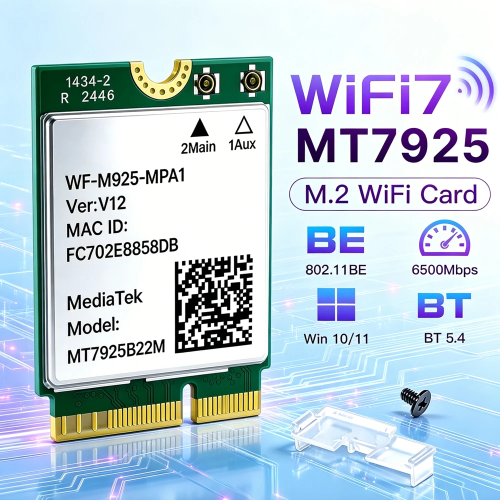 WiFi 7 MT7925 M.2 NGFF Wireless Adapter Tri Band 2.4G/5G/6GHz BT 5.4 802.11AX Wireless Card With Antenna Kit For PC Win 10/11