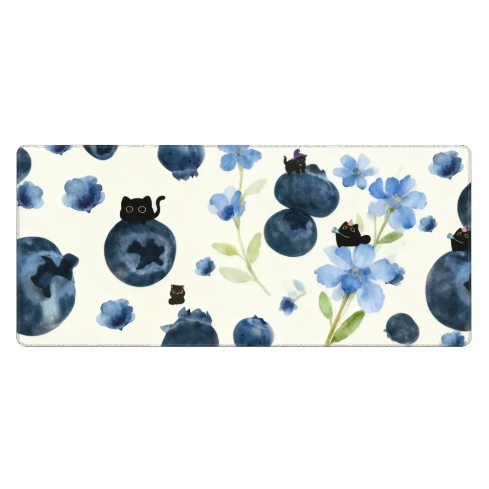Watercolor Blueberry Black Cat Extended Mouse Pad Cottagecore Cute Aesthetic Large Desk Mat Non-slip Waterproof