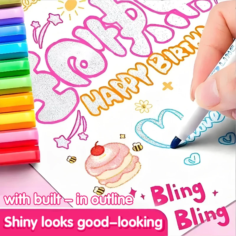 Rotuladores resaltadores de contorno de doble línea de 8/12/24 colores, bolígrafo de doble línea Super Squiggles, bolígrafos de dibujo con brillo mágico