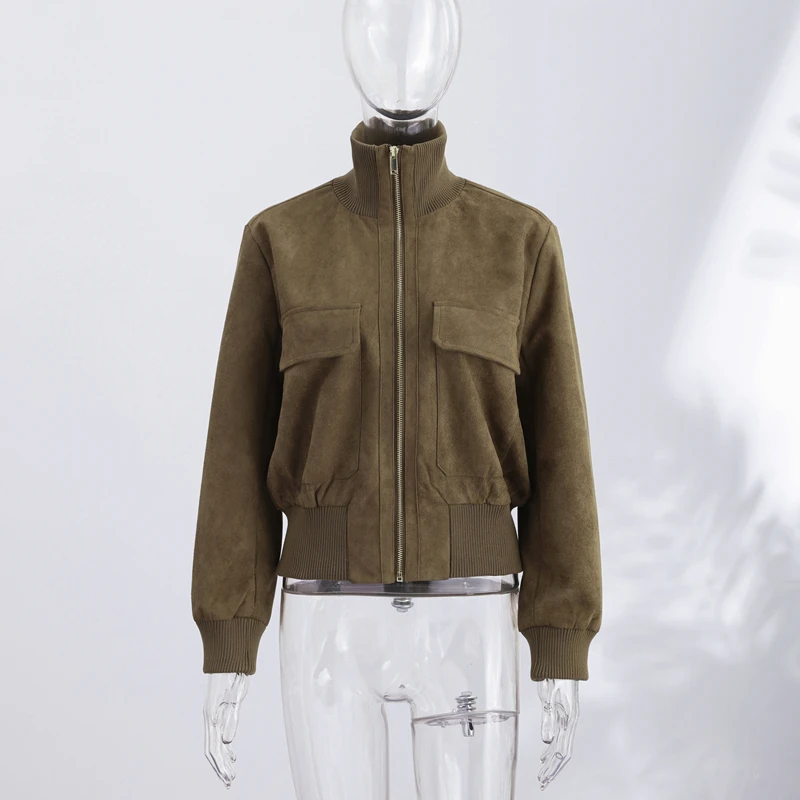 2026 Herbst Vintage Wildleder Damenjacke Langarm Revers Reißverschluss Tasche Stehkragen Kurzer Damenmantel Modische Streetwear-Oberbekleidung – Detail 9