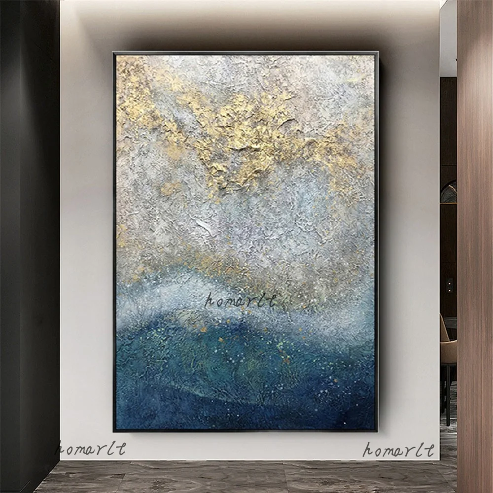 

High Quality Gold Foil Texture 100%hand painted Abstract oil painting Modern blue Canvas wall Art for Home Decor Quadros Artwork