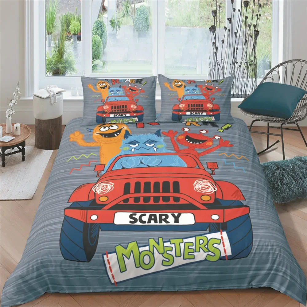 Monster Car King Queen Duvet Cover Cartoon Bedding Set for Kids Lovely Toy Truck Comforter Cover 2/3pcs Polyester Quilt Cover