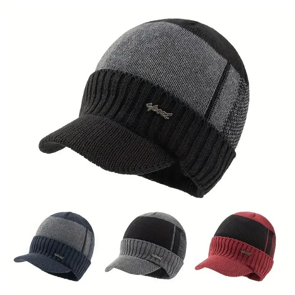 New Hot Sale Unisex Knit Hat With Brim Men Thickened Plush Fur Lined Warm Winter Sports Label Cap
