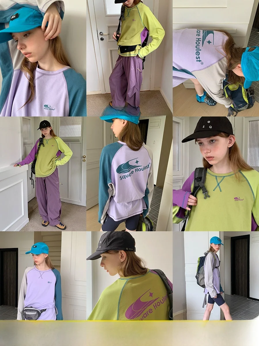 Outdoor Women's Loose Fit Long Sleeve T-Shirt Breathable UV Protection Color Block Print Casual Style Cycling Top for Ladies