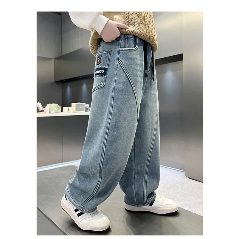 Herbst Kinder Jungen Jeans UNITIM Vielseitige Taschen Junge Teenager Jungen Gerade Hosen Lose Elastische Taille 4-14 Jahre Jungen Freizeithose – Detail 9