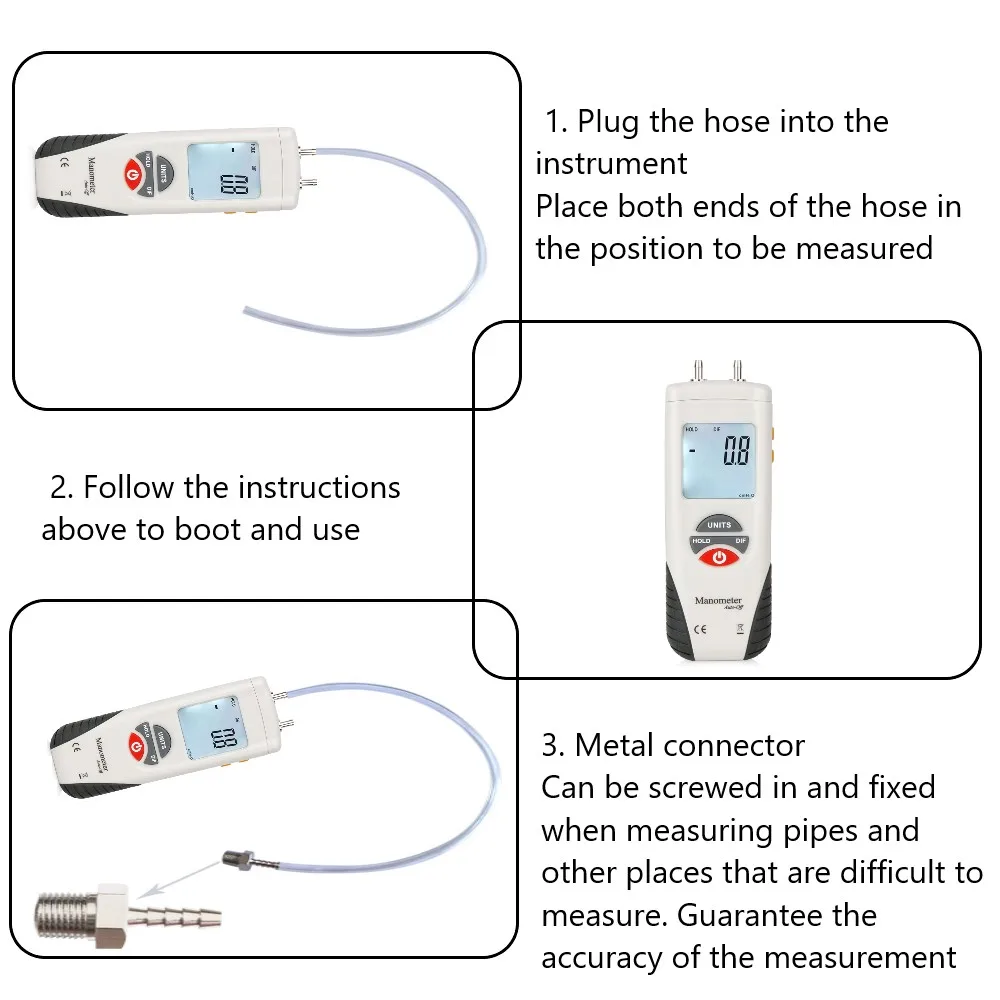 RZ Digital Manometer Air Pressure Gauge Meter Air Pressure Differential Gauge Data Hold Medidor Presion +/-13.79Kpa HT1890 LCD