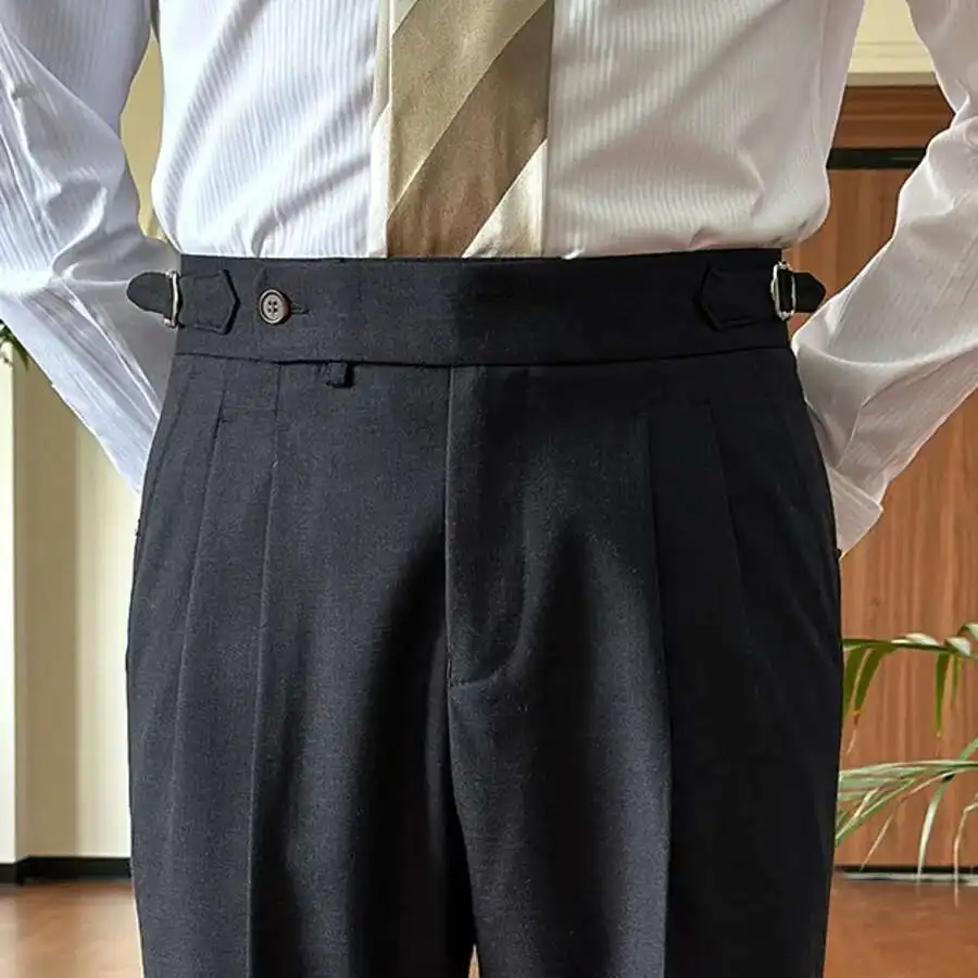 Italian Style Naples Hanging High Waisted Straight Leg Trousers For Business Pant For Trendy Dress Pant Men Social Trouser