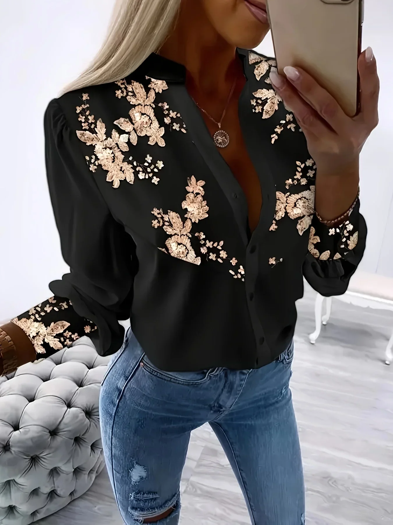 

Plus Size Women's Fashion Spring Autumn Floral Print Blouse Shirt Ladies Casual Small Stand-Up Collar Button Down Shirt