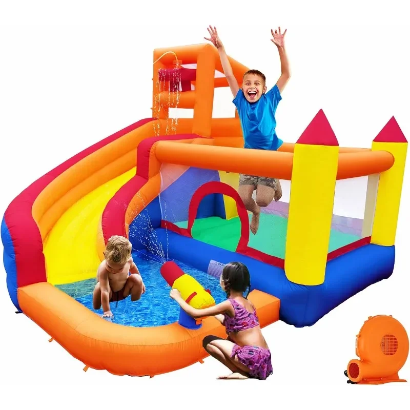 

Inflatable Bounce House Water Slide with Blower,Backyard Park W/Climbing Wall, Splash Pool, Jumping Castle