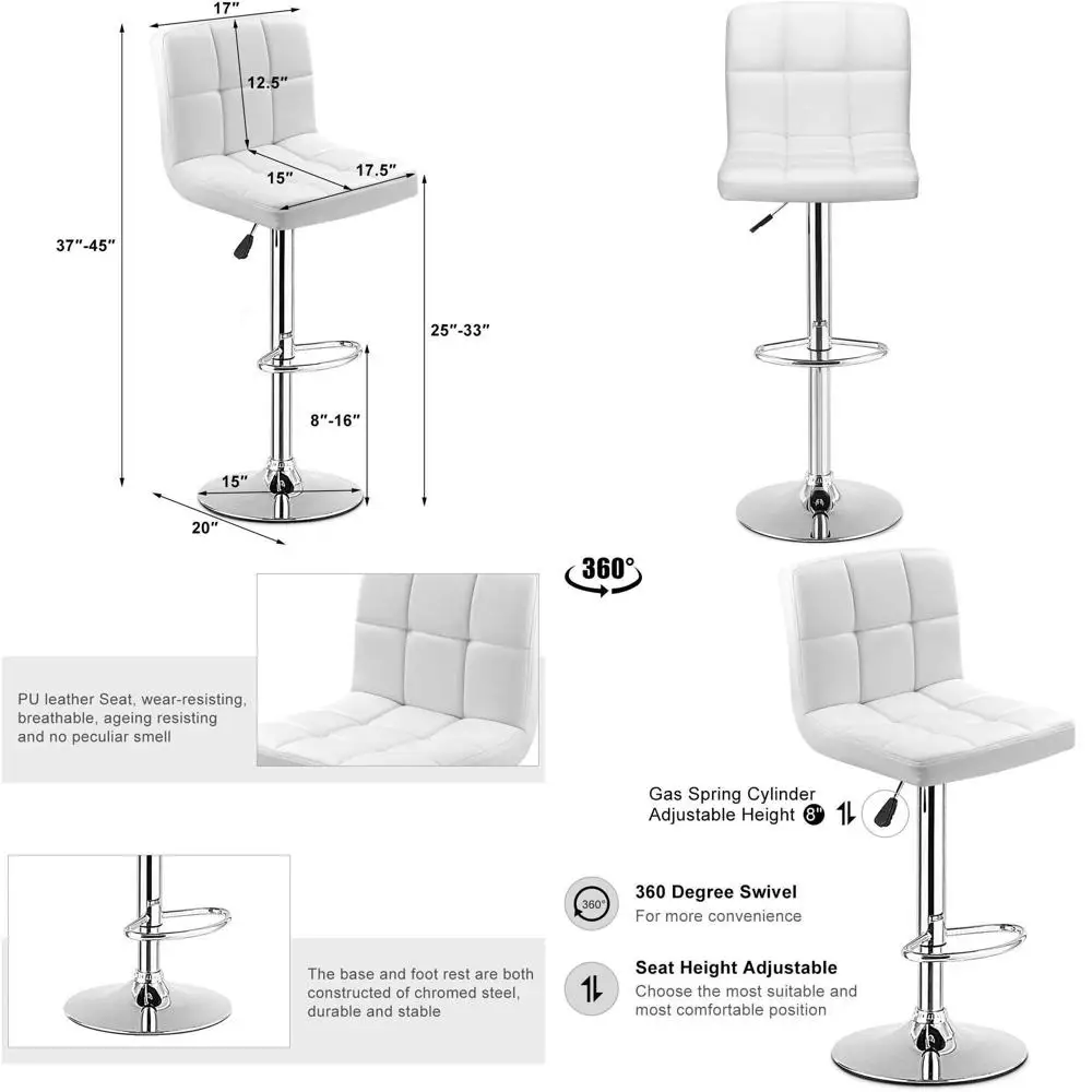 

Adjustable White PU Leather Swivel Bar Stool - Bistro Pub Chair for Counter Height