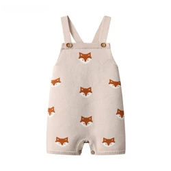 2024 Children Cartoon Fox Print Suspender Newborn Baby Girls Knitted Sweater Rompers Bodysuit Toddlers Autumn Matching Clothes