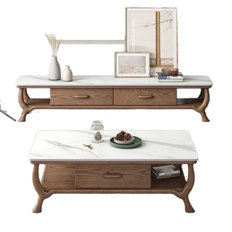 Nordic solid wood coffee table TV cabinet combination, modern and simple, small apartment living room home, rock slab
