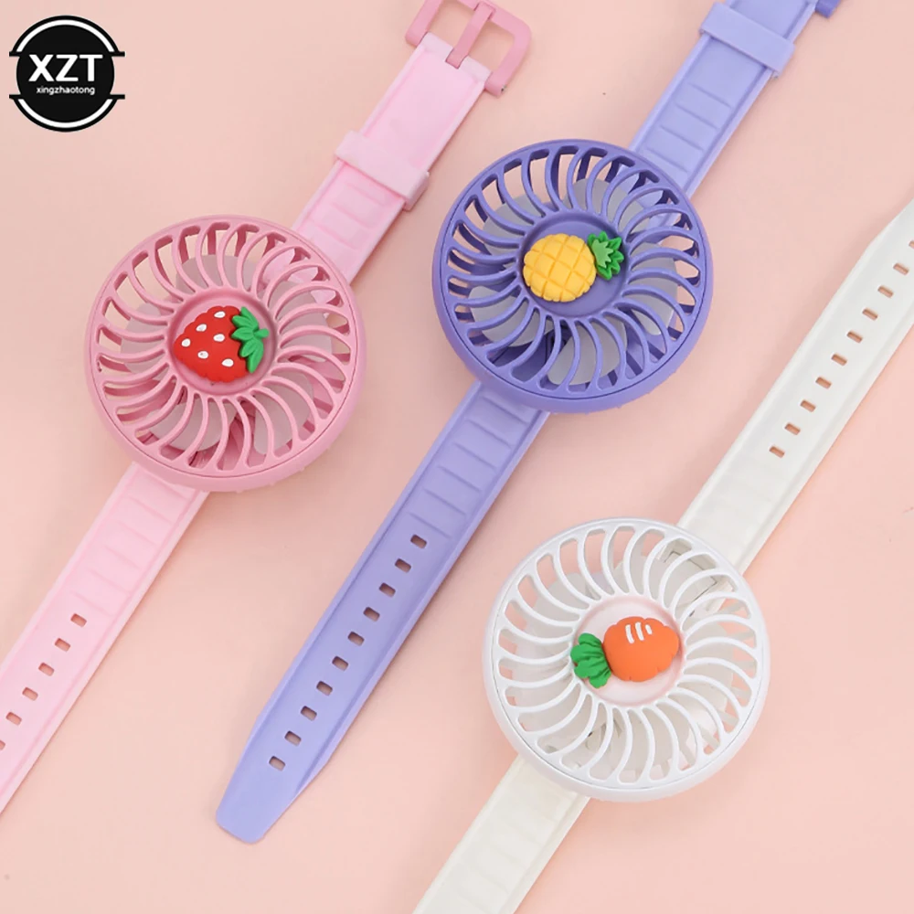 New Children's Summer Fan Wrist fan Cute Fruit Mini Fan Watch Small Fan Mute Portable USB Rechargeable Fan