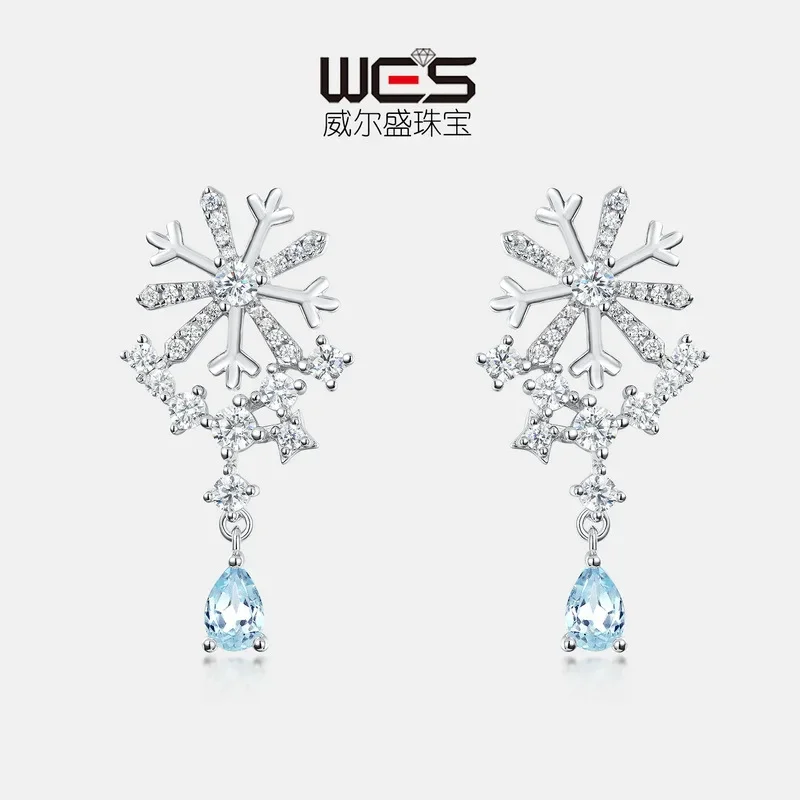 Snowflake Fashion Earrings for Women 18K Gold Inlaid with Colorful Baby Stones PT950 Platinum Sky Blue Topaz