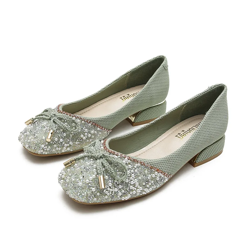 Bombas com bowknot para mulheres, salto de 3cm, toe quadrado, pérolas Bling, diamantes Design, FSweet, festa de casamento, plus size, 33-43