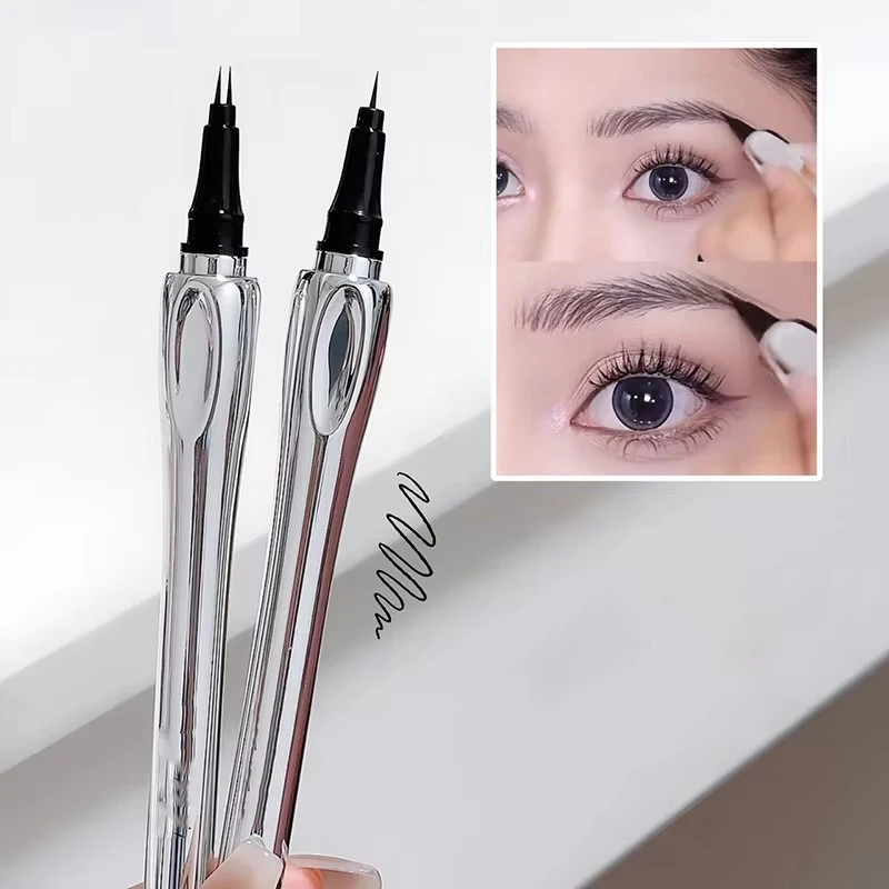 Lápiz de cejas plateado ultrafino de 2 puntos, tatuaje de cejas salvaje líquido, resistente al agua, 2 tenedores, lápiz para cejas de gusano de seda, maquillaje de ojos fácil de agarrar