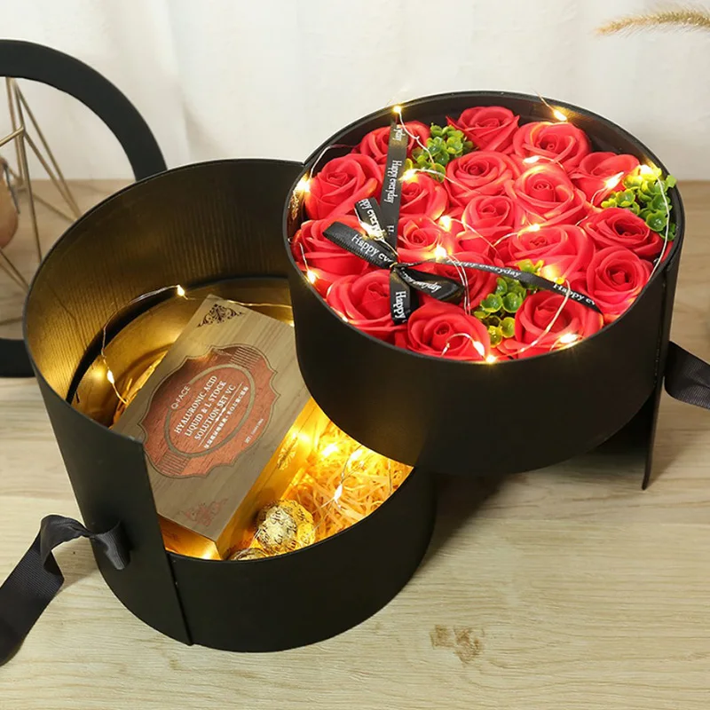 1pcs Double-layer Solid Color Rotating Gift Box Cylinder Flower Gift Box Valentine's Day Wedding Birthday Party Gift Box