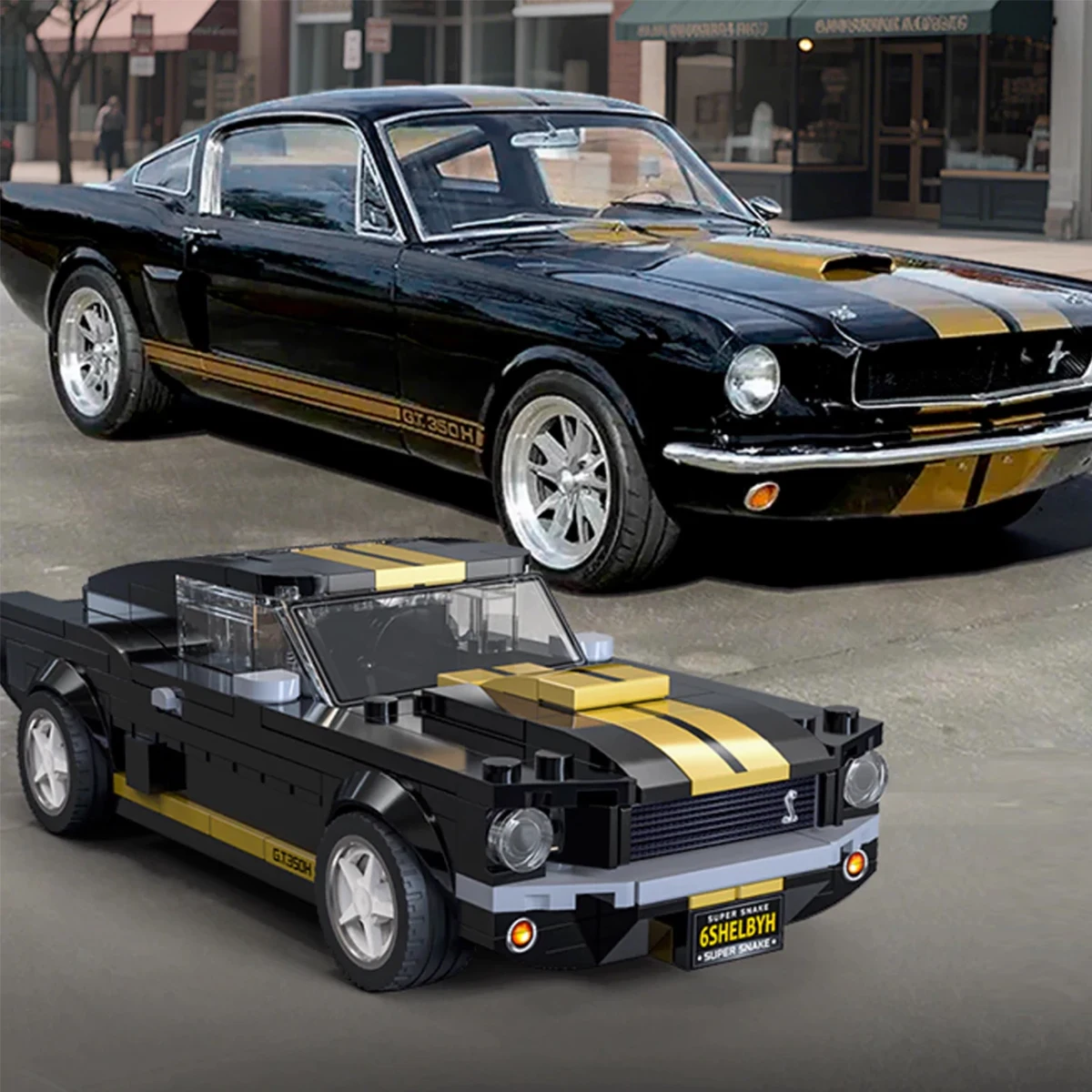 Klemmbausteine 1:24 Shelby GT350H 1966 Rennwagen, Retro Klassiker, Sport Technisches Fahrzeug, Hypercar. Montage-Modellbausatz, Auto-Fan Jungen Spielzeug, Erwachsene/Kinder DIY Geschenk, 285 Teile