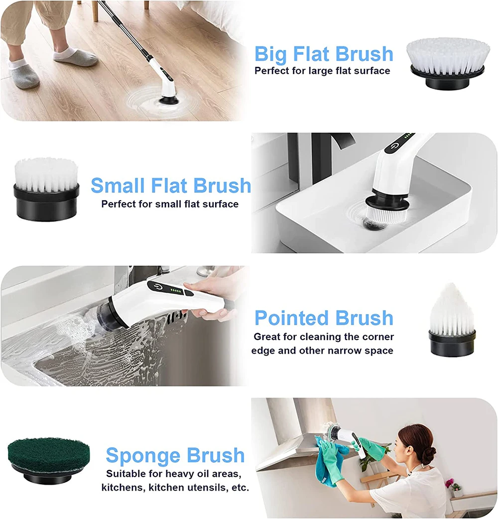 7-In-1 Electric Rotary Brush Detachable Telescopic Electric Mop with 7 Replaceable Brush Heads Kitchen Window Cleaning Scrubber