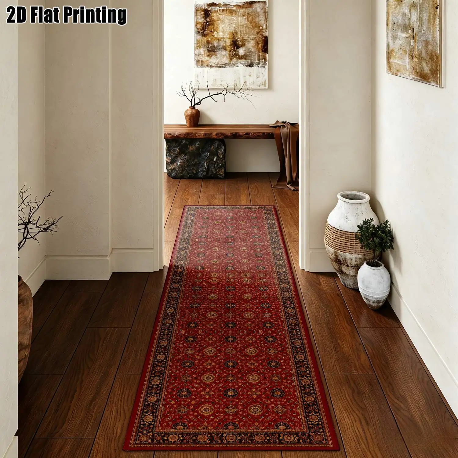 1Pc 2D Printed Long Strip Rug, Red Geometric/European/Bohemian/Vintage Style, Home Decor, Multi-Size, Machine-Washable, Suitable for Entrance, Corridor, Living Room, Bedroom