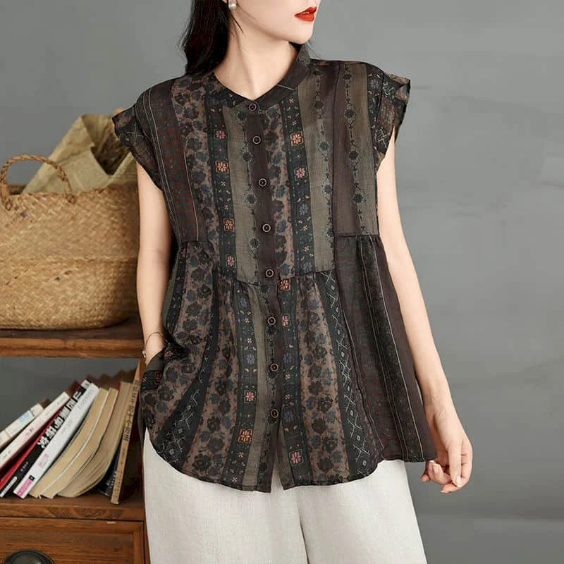 Elegant Vests O-neck Patchwork Print Casual Korean Style Sleeveless Tops Single-breasted Shirts 2026 Summer Sale Women Clothing