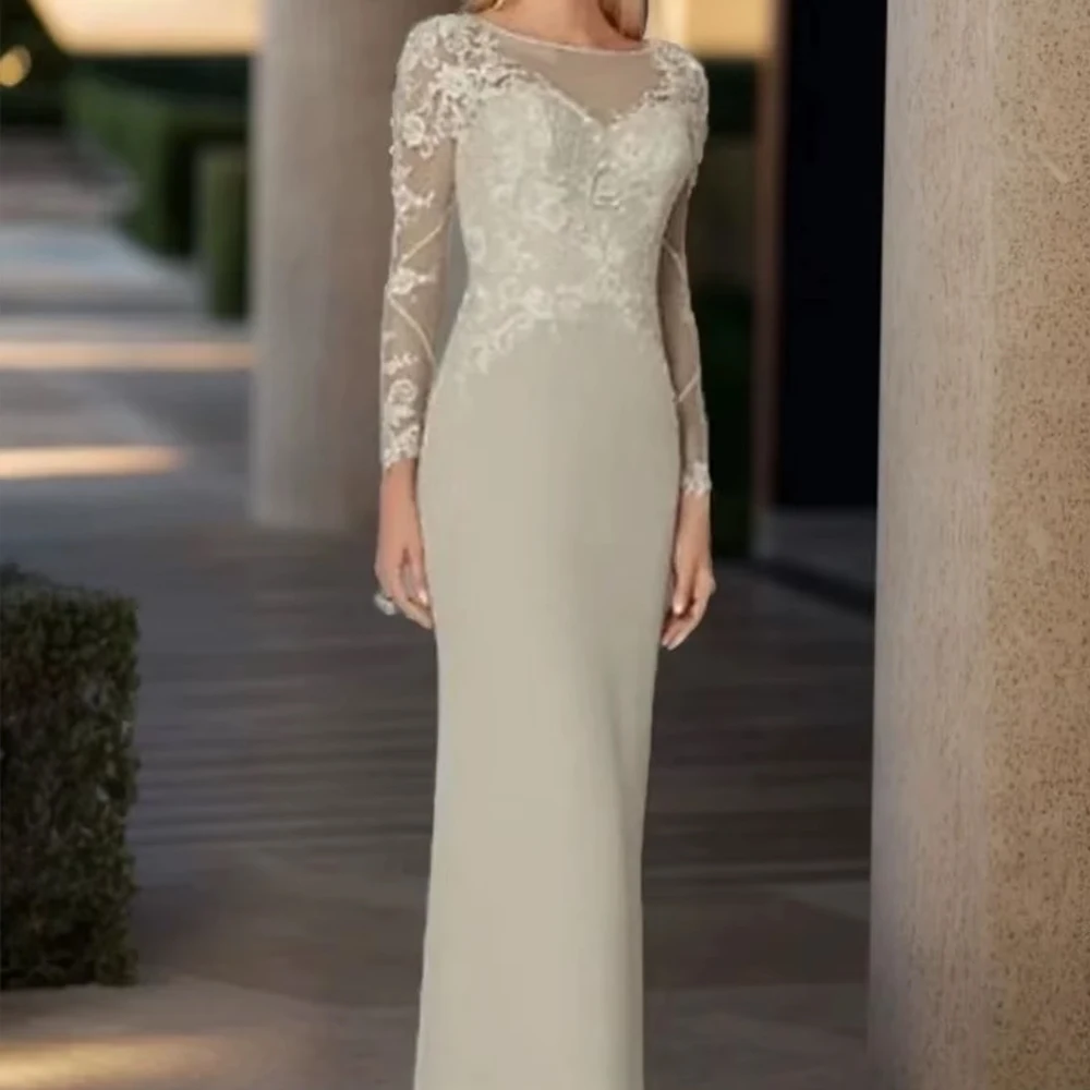 

Customized Elegant Long Sleeves Scoop Neck Sheath Column Chiffon Mother of the Bride Dress Lace Appliques Wedding Party Dresses