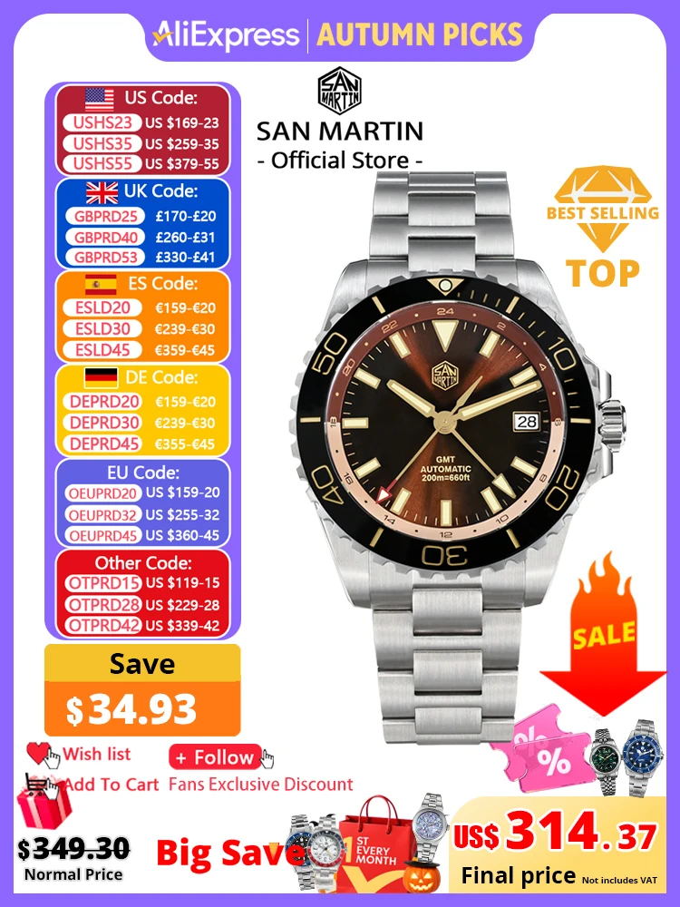 San Martin New 39mm Luxury Diver Men's GMT NH34 Sunburst Enamel Dial Stainless Steel Automatic Sapphire C3 Green Luminous SN0136