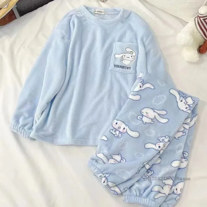 Sanrio Cinnamoroll Winter Women Coral Fleece Pajamas Thickened Loose Casual Cartoon Home Suit Set Y2k Sweet Girl Trend Sleepwear