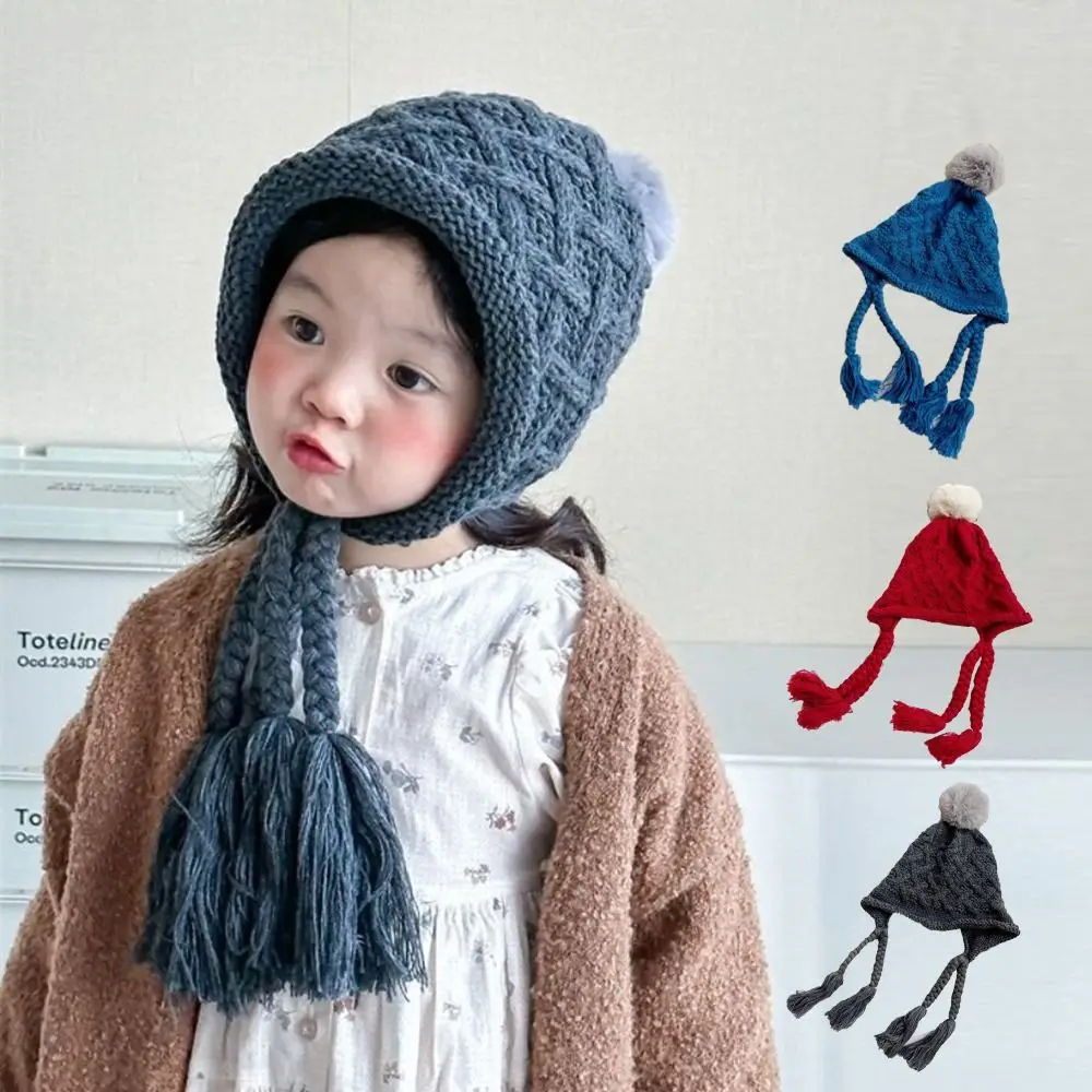 

Fashion Autumn Winter Baby Crochet Hat Soft Warm Tassel Pigtail Hand Knitted Cap Pom-pom Outdoor Ear Protection Cap Kids