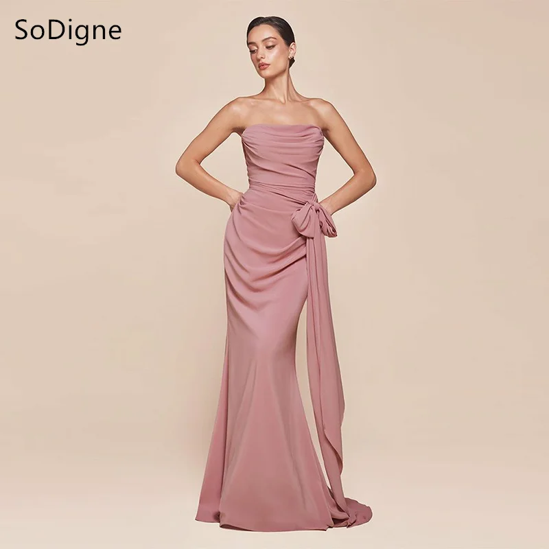 

SoDigne Mermaid Chiffon Prom Dresses Strapless Pleat Bow Party Dress Charming Formal Occasion Prom Gowns Customized