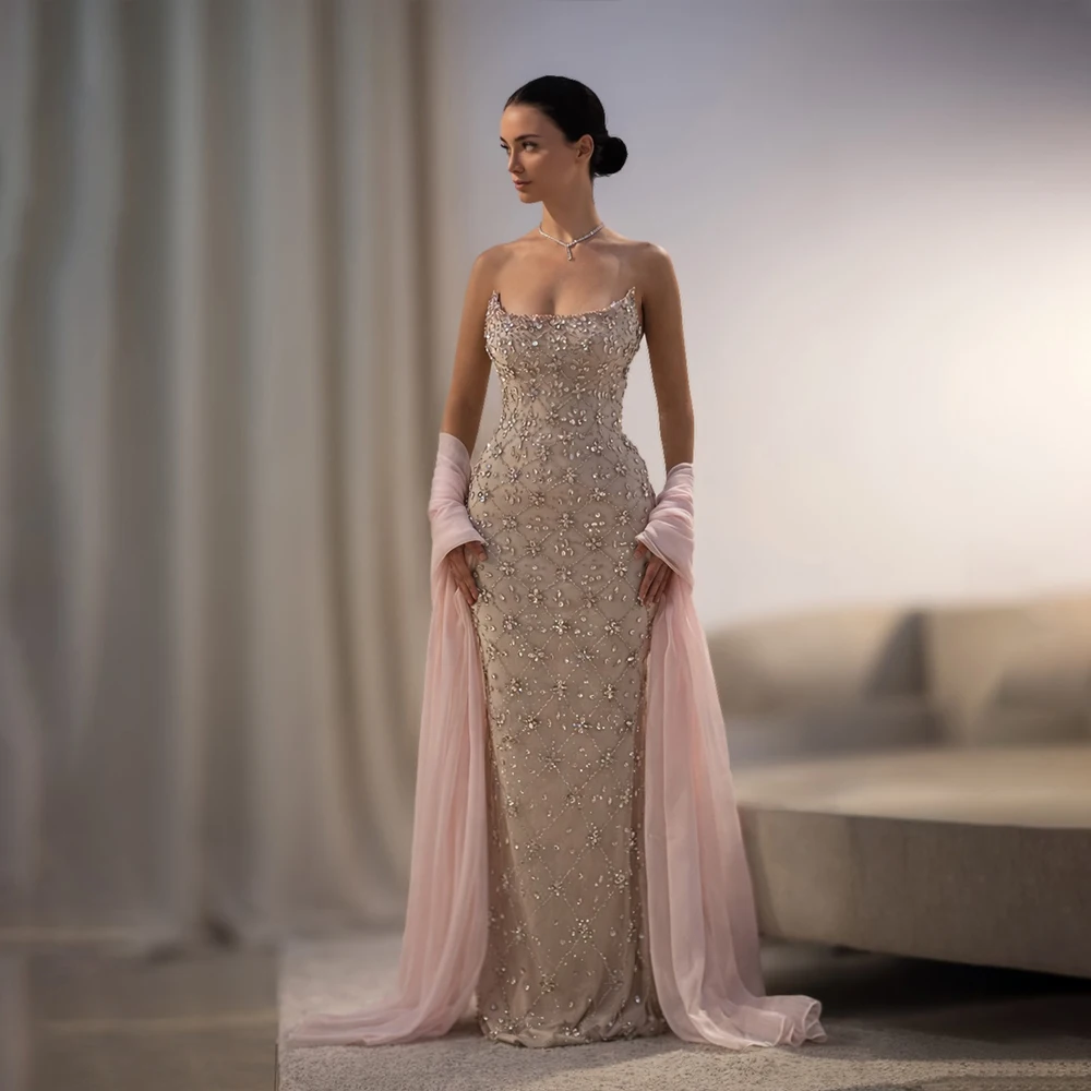 

Luxury Pink Crystal Evening Dress Beading Strapless Mermaid Prom Dress With Shawl Floor-Length Dubai Gala Party Gown Customized