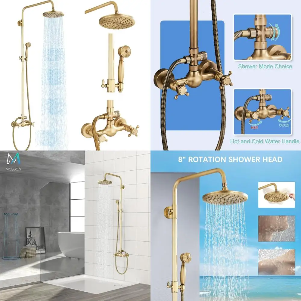 

Vintage Brass Shower System with 8 Rainfall Showerhead, Handheld Spray, and Dual Cross Handles for Wall Mount Bathroom Faucet Se