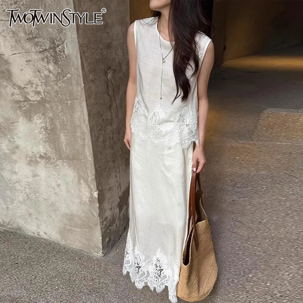 

TWOTWINSTYLE Solid Two Piece Set for Women O Neck Sleeveless Top High Waist Temperament Skirt Sets Femle Fashion