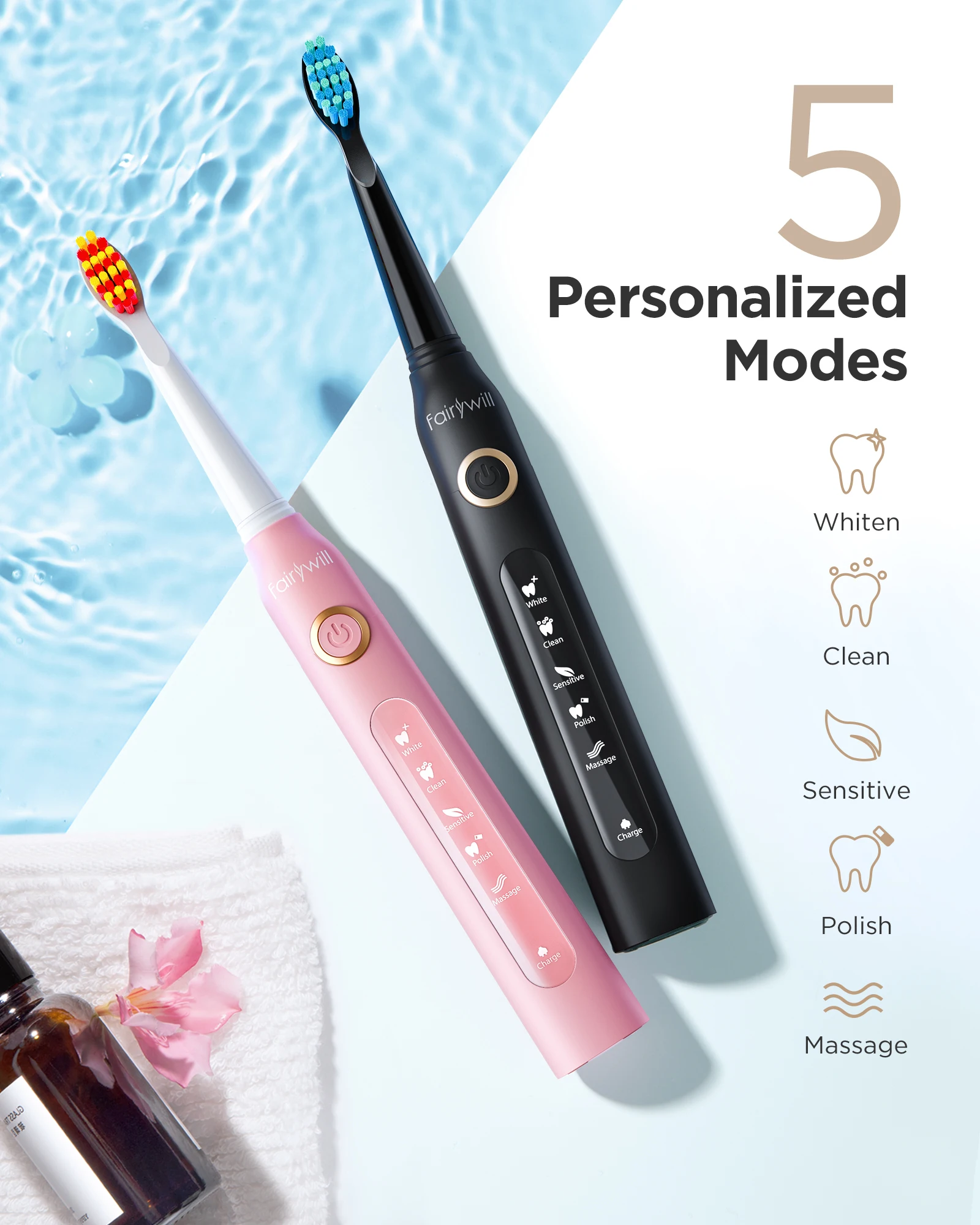 Fairywill Electric Sonic Toothbrush USB Charge FW-D7S Rechargeable Waterproof Electronic Tooth Brushes Replacement Heads Adult