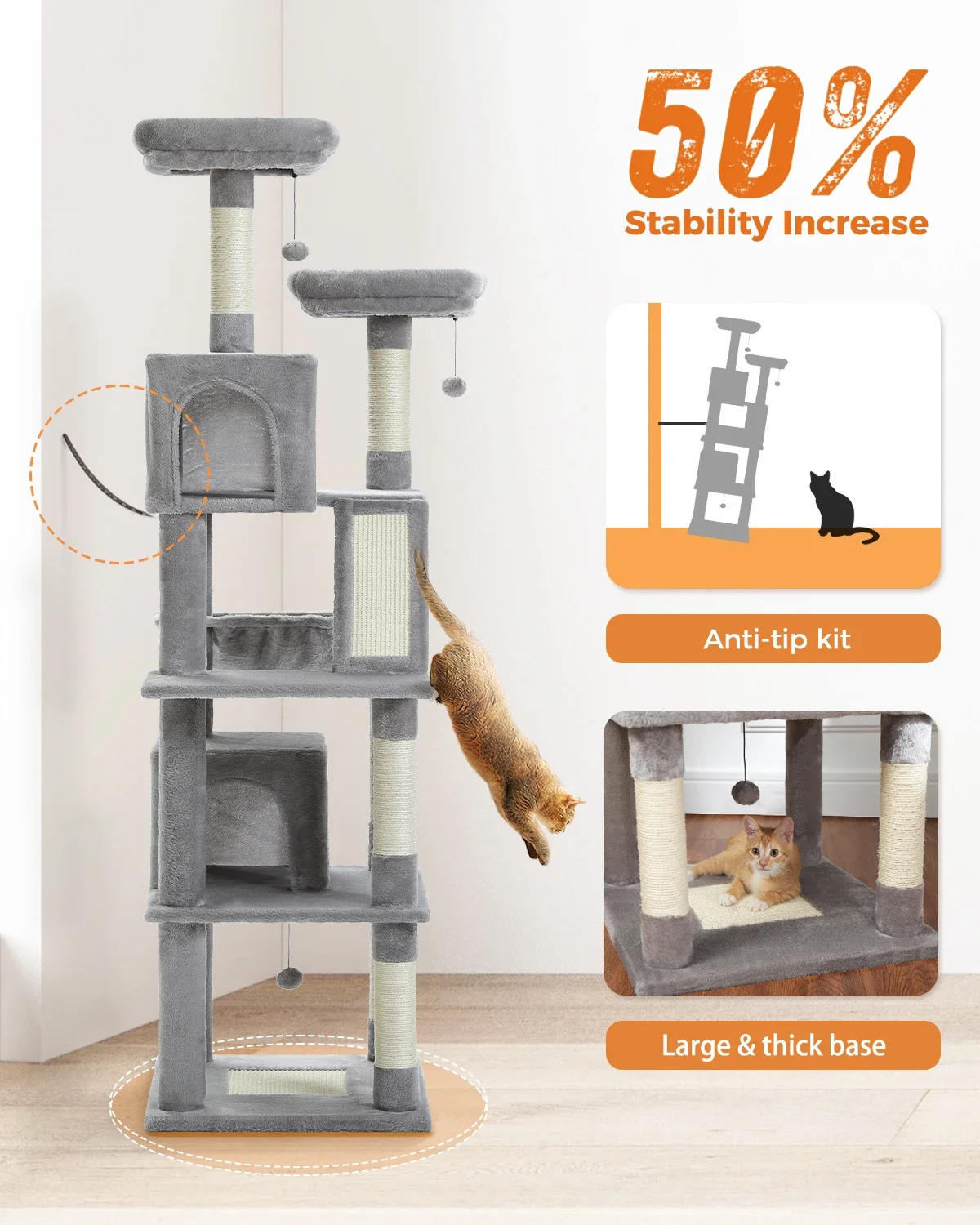 Large Cat Tree for Indoor Tall Tower for Cat Multi-Level Plush with Natural Sisal Scratching Post Condos Perches Hammock