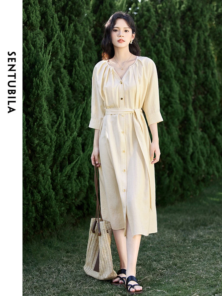 

SENTUBILA Apricot Elegant A-line Dress Woman 2024 Summer Three Quarter Sleeve Lace-up Waisted V Neck Button Up Dresses 141L53428