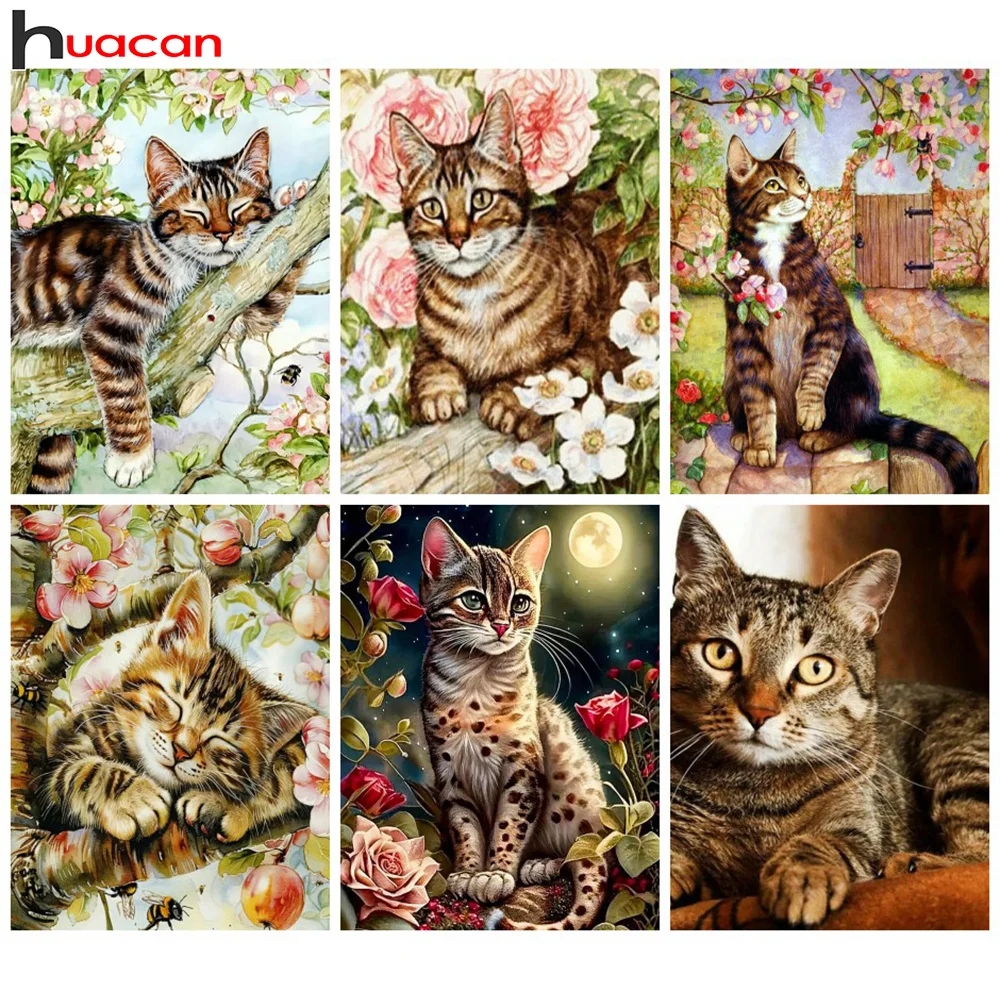 Huacan Diamond Painting Animal Cat Diy 5d Drill Mosaic Flower New Collection Art Home Decor Picture Of Rhinestones