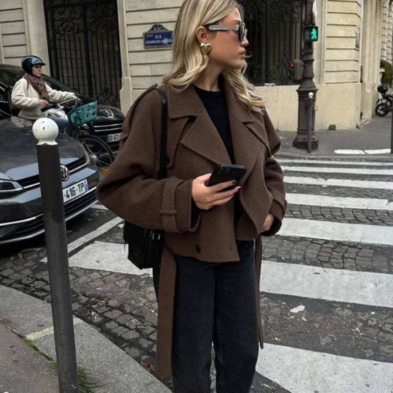 

Cross-border European ， American women's clothing AliExpress popular casual loose double buckle lapel temperament woolen jacket