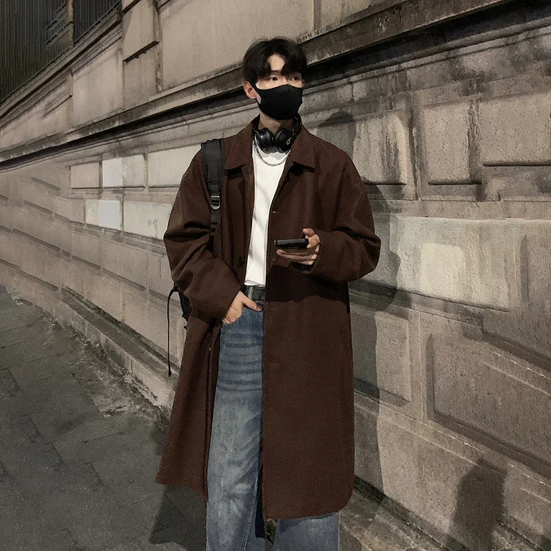 

Brand Long Coat Man 2025 New Autumn Winter Turn Down Collar Solid Color Woollen Overcoat Mens Korean Fashion Streetwear