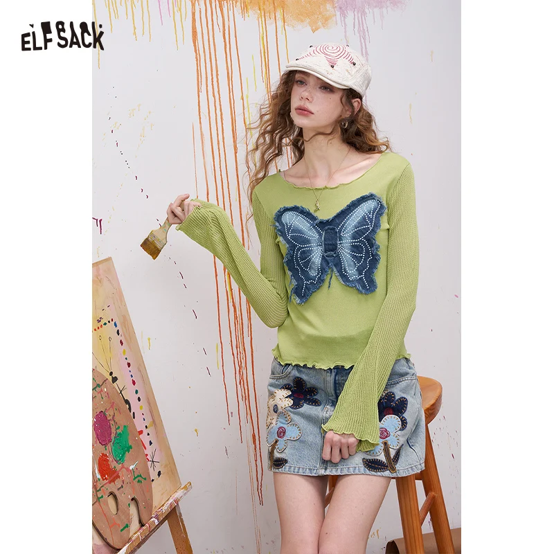 

ELFSACK 3D Butterfly Patch Knit Sweater, Floral Bell Sleeve Pullover with Embroidery, Casual Sweet Bow Detail Top for Women