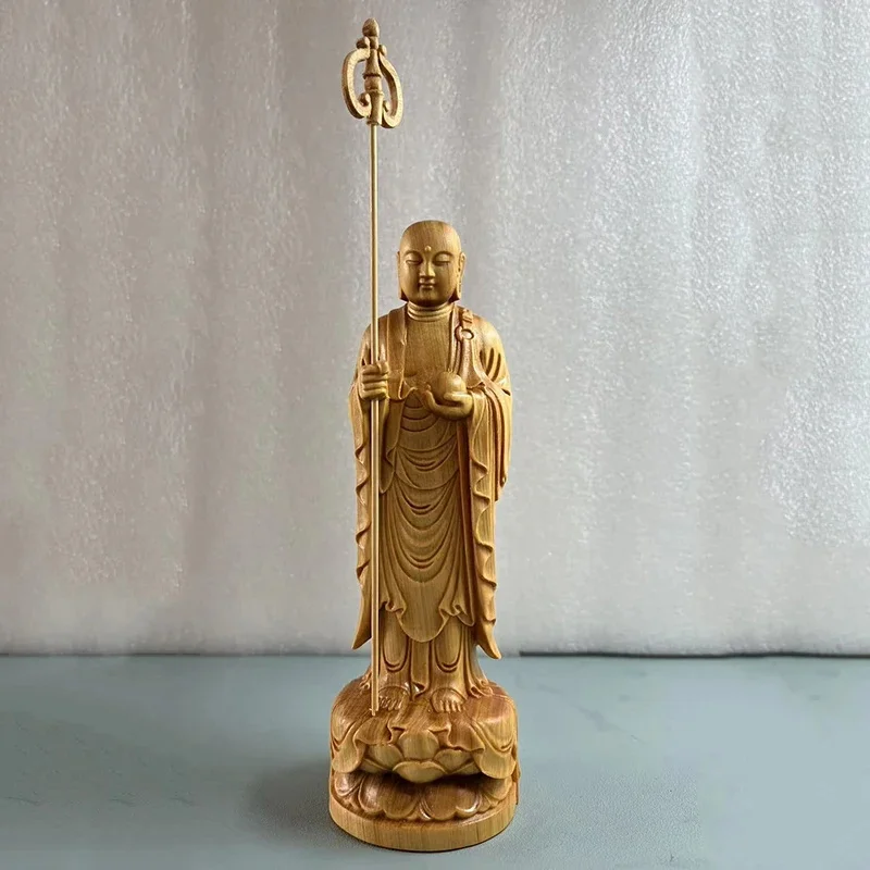 Cypress Wood Ksitigarbha Bodhisattva Statue Standing Jizo Lotus Base Feng Shui Ornament Protection Safety Home Altar Decor view 3