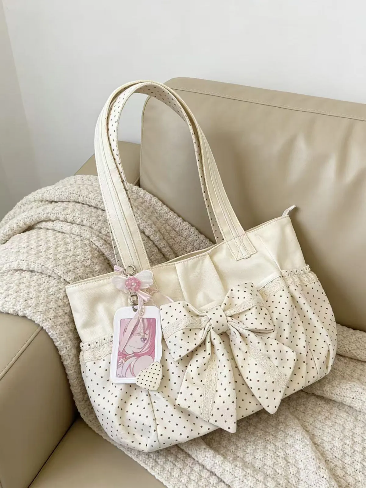 Original Simple Shoulder Bag Computer Bag Schoolbag Ancient Flavor Polka Dot Bow Lace Canvas Tote Bag