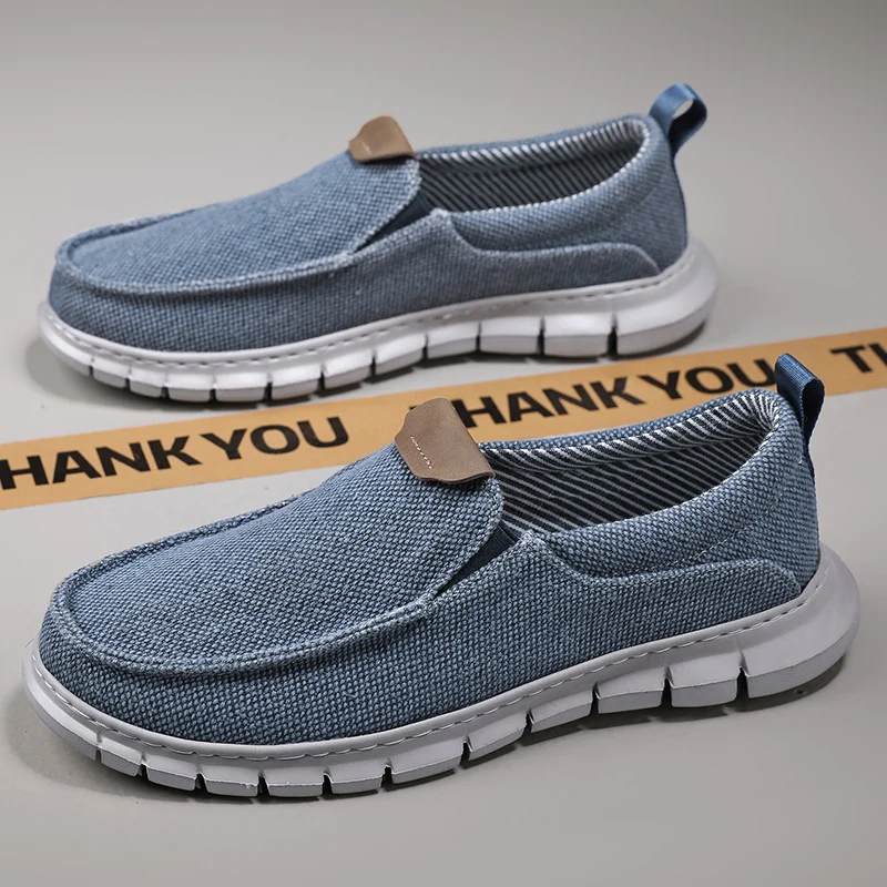 

Spring New Blue Men's Canvas Shoes Breathable Lightweight Loafers Men Large Size 47 Comfy Slip-On Driving Shoes Man Flat Shoes