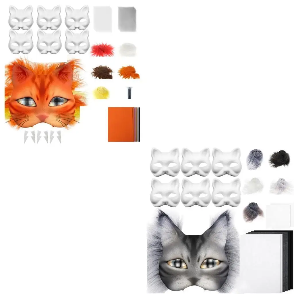 

29/42 шт., маска для лица для кошек, белая бумажная маска, неокрашенная маскарадная маска с меховой тканевой отделкой, сетка для