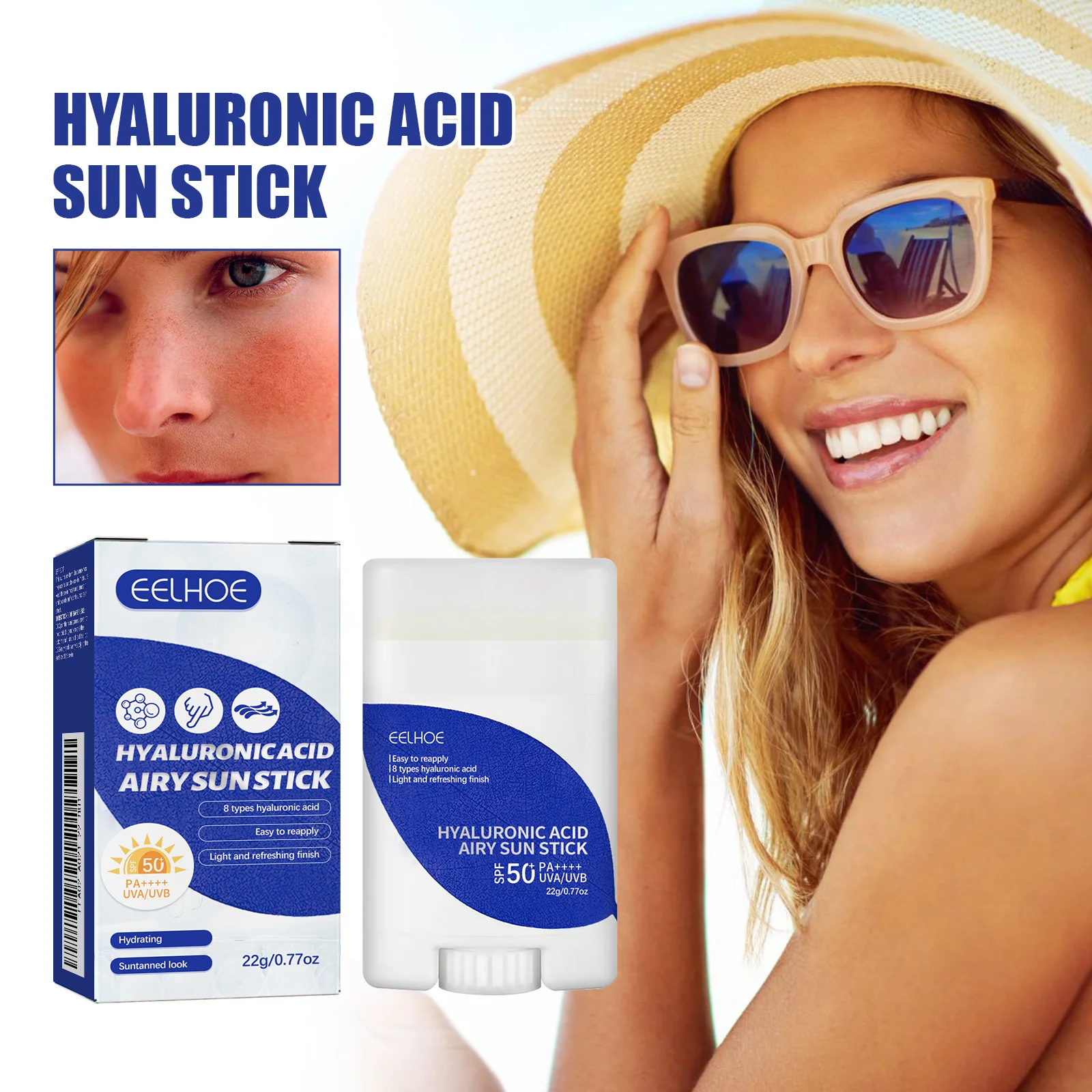 Travel Water Resistant Vegan Mineral Sun Cream SPF50 PA+++ Natural Lightweight Facial Sunblock 22g Hyaluronic Acid Watery Stick