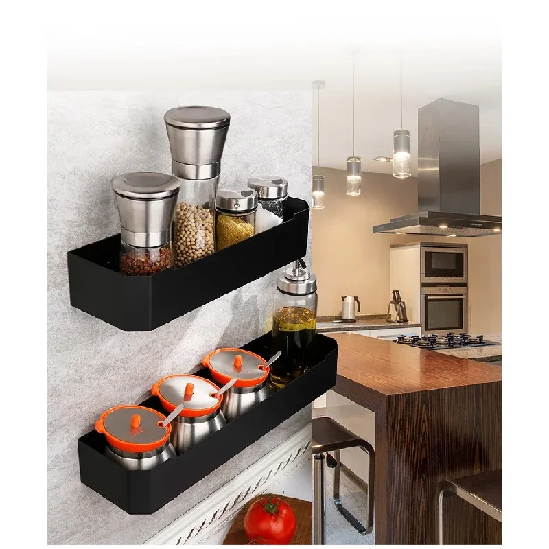 Stainless Steel No Drill Spice Rack, Wall Mounted Single Layer Seasoning Organizer for Kitchen, Adhesive Bathroom Storage